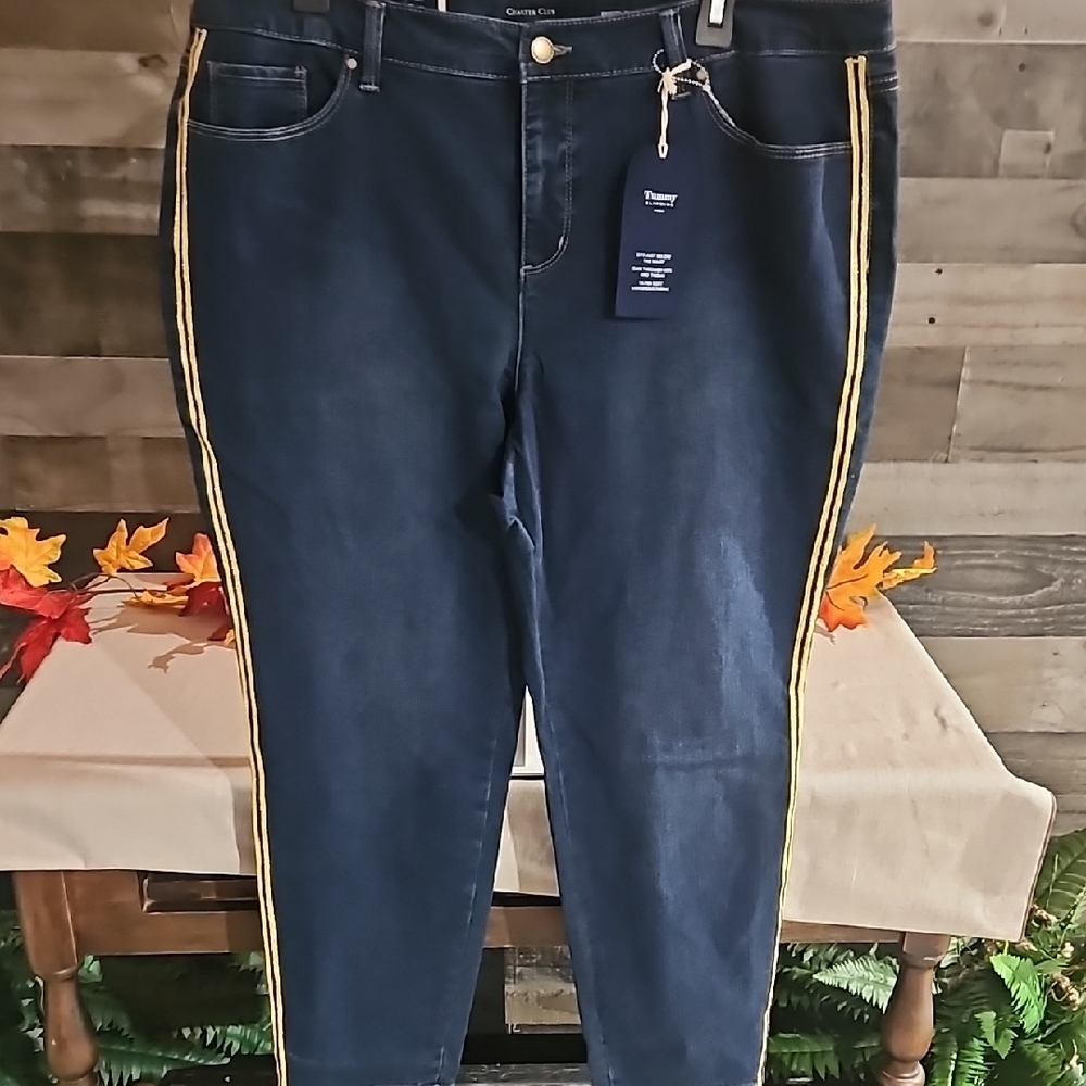 Charter Club Women's Dark Blue Skinny Leg Ankle Jeans with Gold Stripe Sz 18